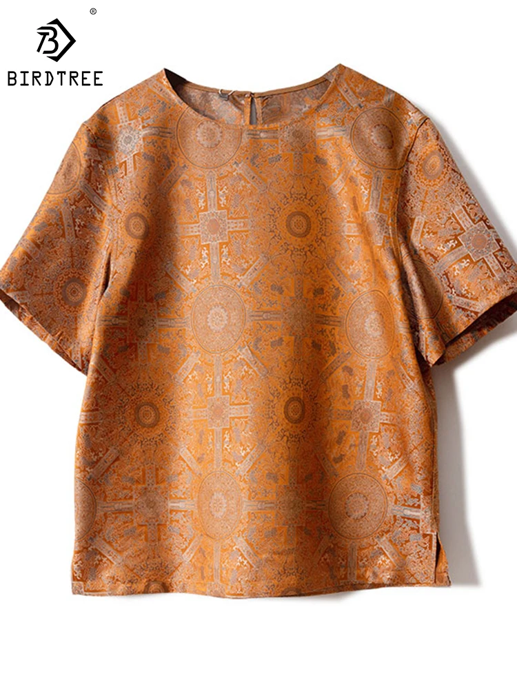 

Birdtree 100%Mulberry Silk Song Brocade Summer T-Shirt Orange Bottom Window Flower Chinese Style Vintage Literary Top T38002QD