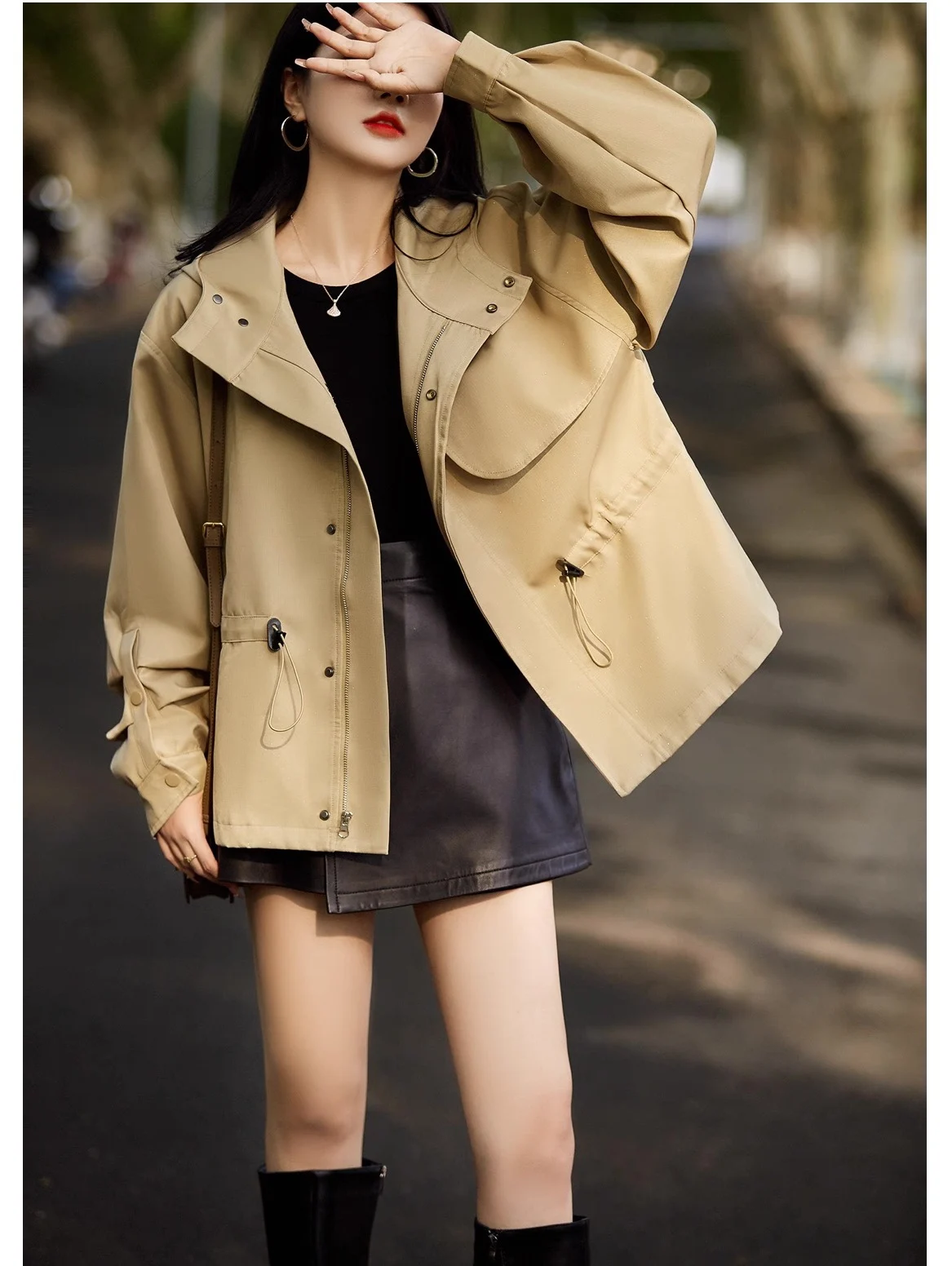 

New 2023 Winter Autumn And Women's ClothingCasual Loose All-Match Waist-Tight Hooded Short Trench Coat 1023