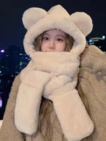 Cute Bear Plu Hat Scarf Gloves Set for Women Winter Warm Tee Piece Suite Cartoon Sle Inteated Design Travel Friendly
