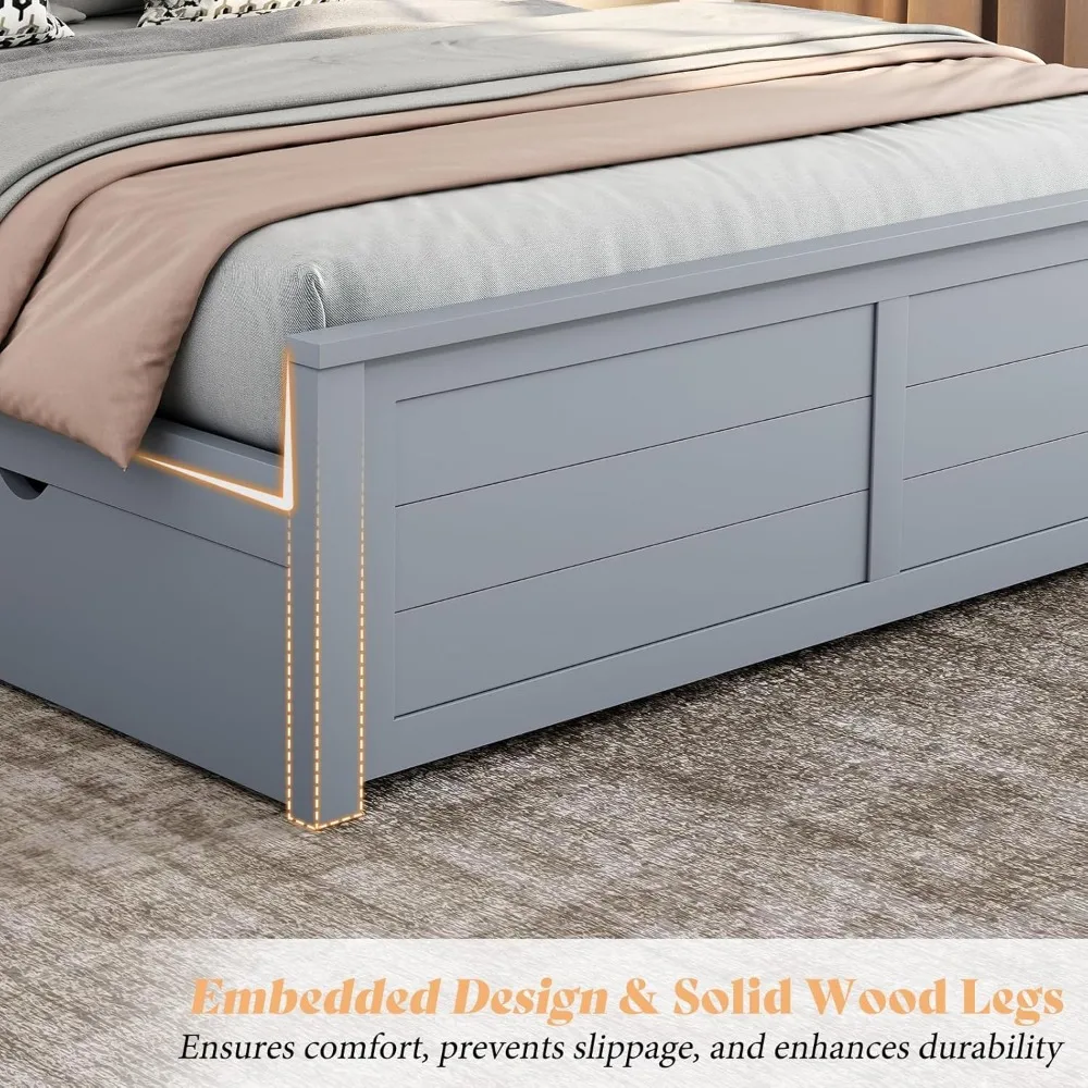Twin Bed Frame with Headboard, Platform Bed with 4 Storage Drawers, Wood Bed Frame for Bedroom, Wood Slats Support, Grey 6