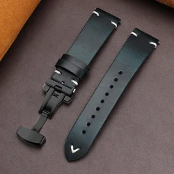 Vintage Oil Wax Leather Watch Band with Butterfly Buckle and Stitching Detail - Classic Cowhide Strap - 22mm (Blue - Black)