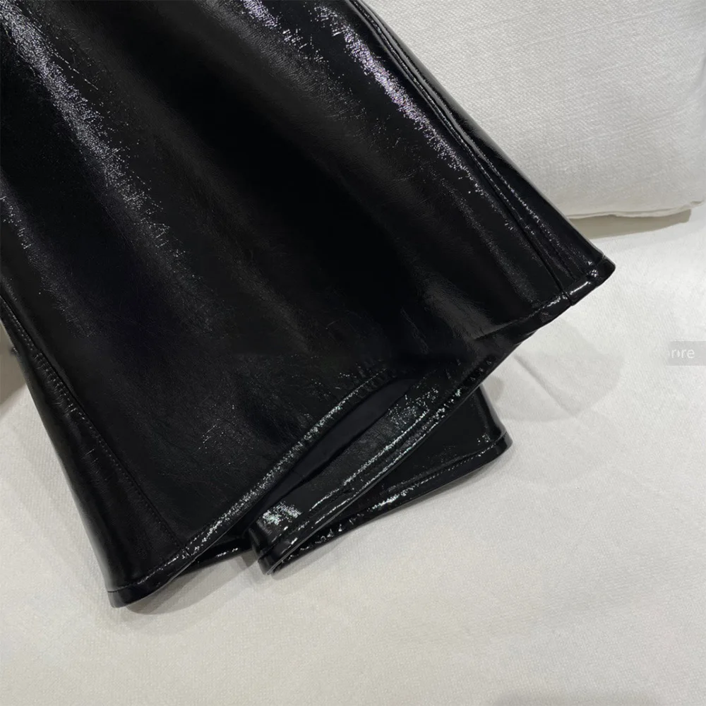 

23 Years early autumn new glossy senior sense of high-waisted A-line versatile leather zip black bustle skirt short skirt