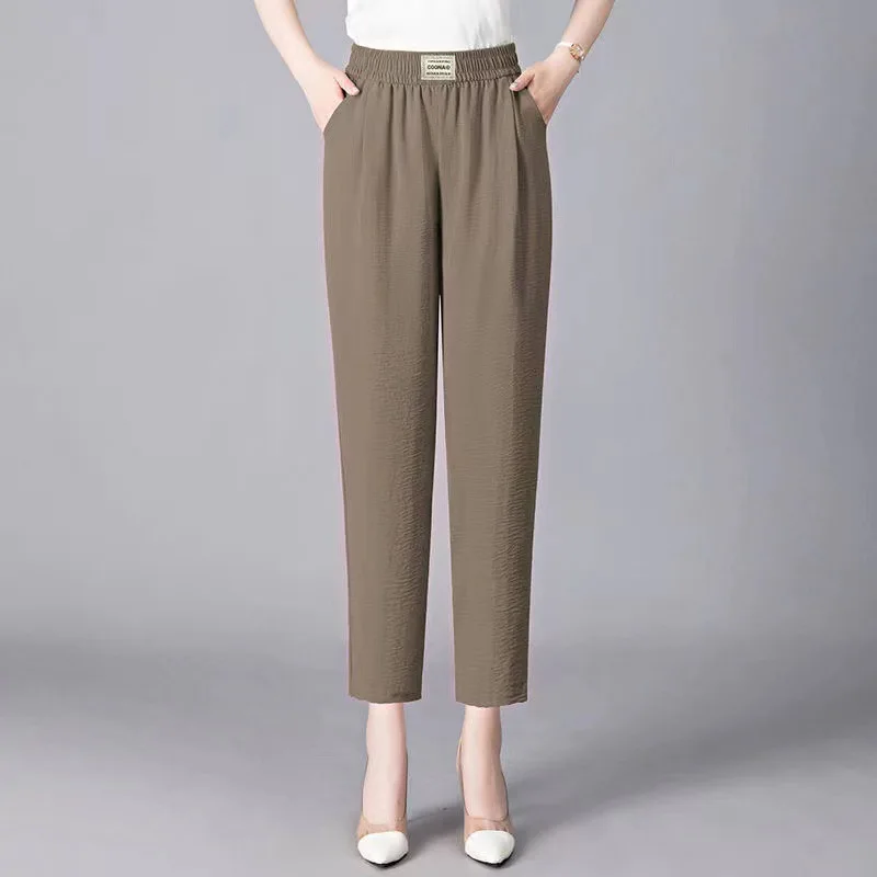 Summer Women's 2024 Spliced Elasticized High-waisted Pocket Fashion Solid Color Loose Minimalist All-match Harlan Casual Pants