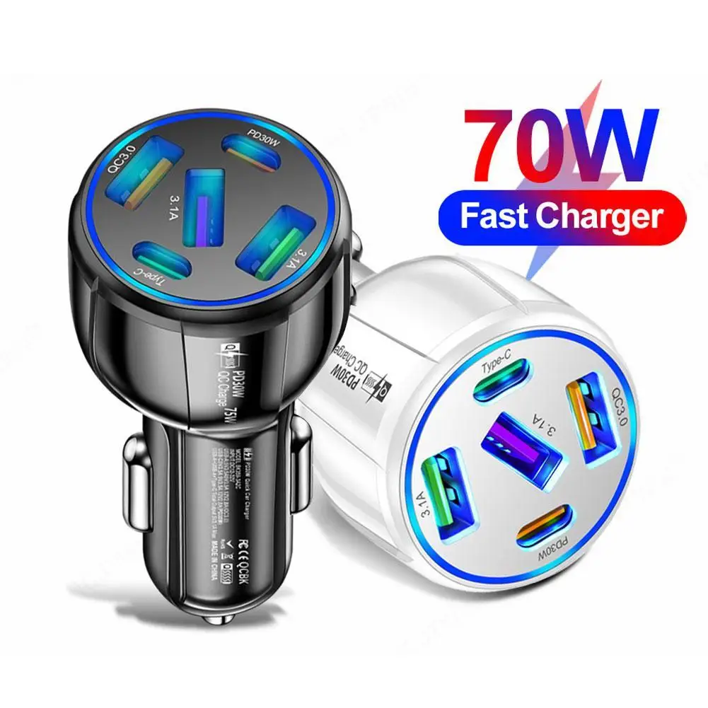 

70W USB Car Charger 5 Ports Fast Charge PD QC3.0 USB C Car Phone Charger Type C Adapter In Car For Iphone For Samsung