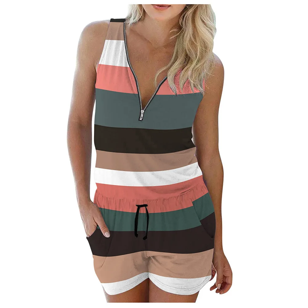 

Women Sleeveless V-neck Striped Print Zipper Playsuits Summer New Drawstring Casual Loose Pocket Floral Elegant Jumpsuits Female