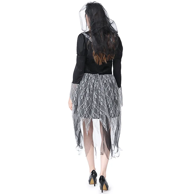 Gothic Woman Black Lace Corpse Bride Cosplay Female Halloween Skeleton Ghost Costume Carnival Purim Parade Role Play Party Dress