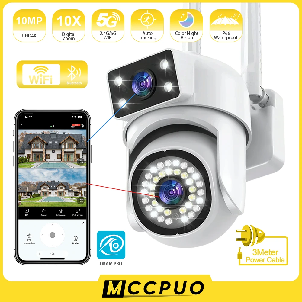 

Mccpuo 5K 10MP Dual Lens WIFI PTZ Camera Dual Screen 10X Zoom AI Human Tracking Outdoor 5G Secuity CCTV Surveillance IP Camera