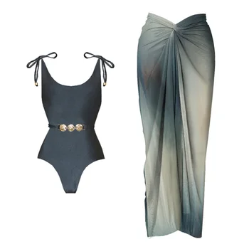 Deep V Neck Swimsuit With Cover Up Sexy Women Swimwear One Shoulder Bikini Female Belt Swimming Suit Shiny Bodysuit Beachwear