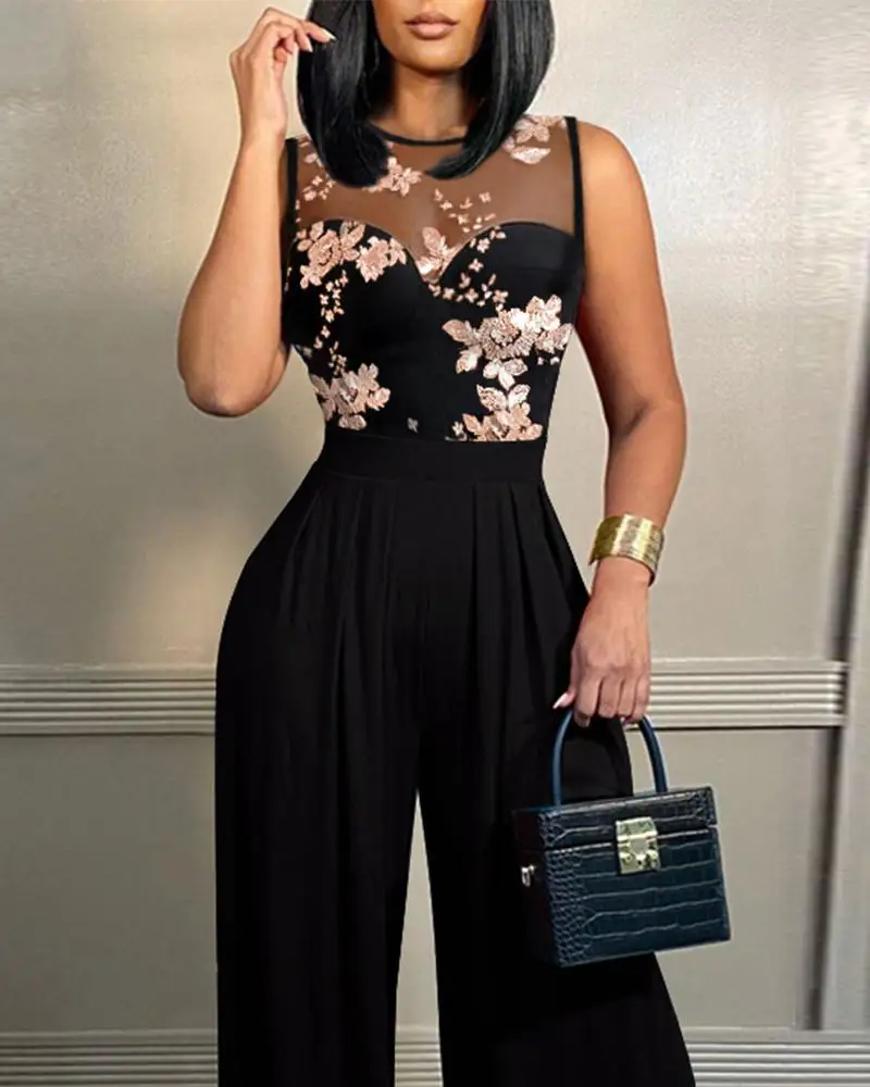 Spring Women\'s Jumpsuit 2023 Fashion Sexy Contrast Sequin Floral Pattern Round Neck Sleeveless Wide Leg Long Party Jumpsuit
