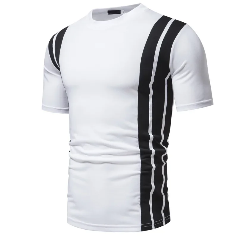 

Men's Clothing T-shirt Street Clothing Summer Striped Patchwork Color Hip-hop Men's Round Neck Short Sleeved Top