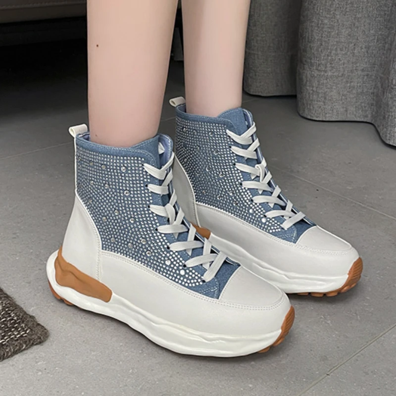 

Женские ботинки на шнуровке, осенние джинсовые ботинки больших размеров с круглым носком, короткая обувь на платформе, 2023