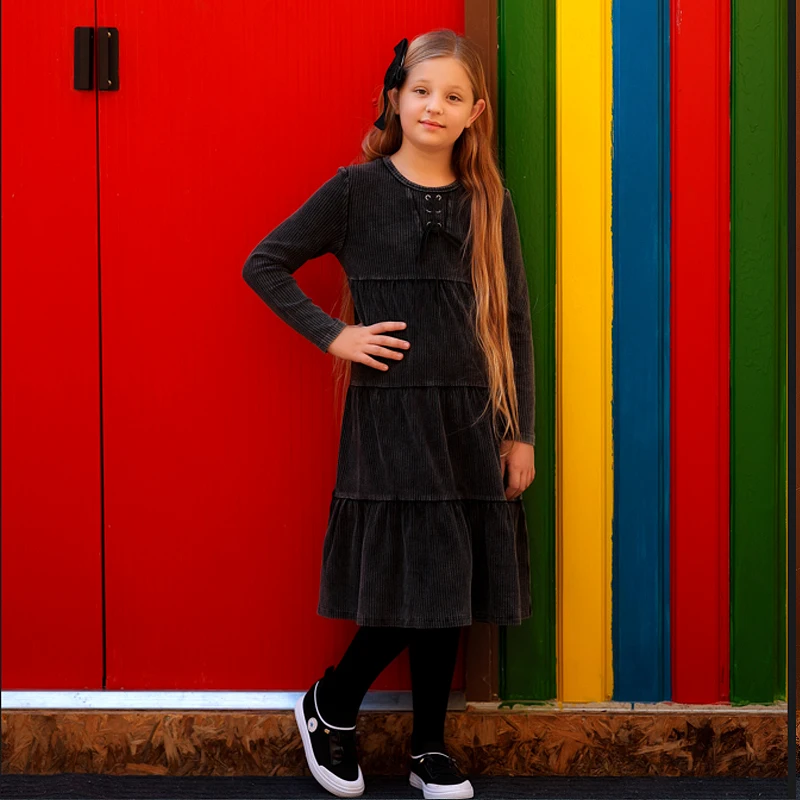 Family Matching Long Sleeve Vintage Outfit Set – Midi Dress & Kids Top-Trouser Combo