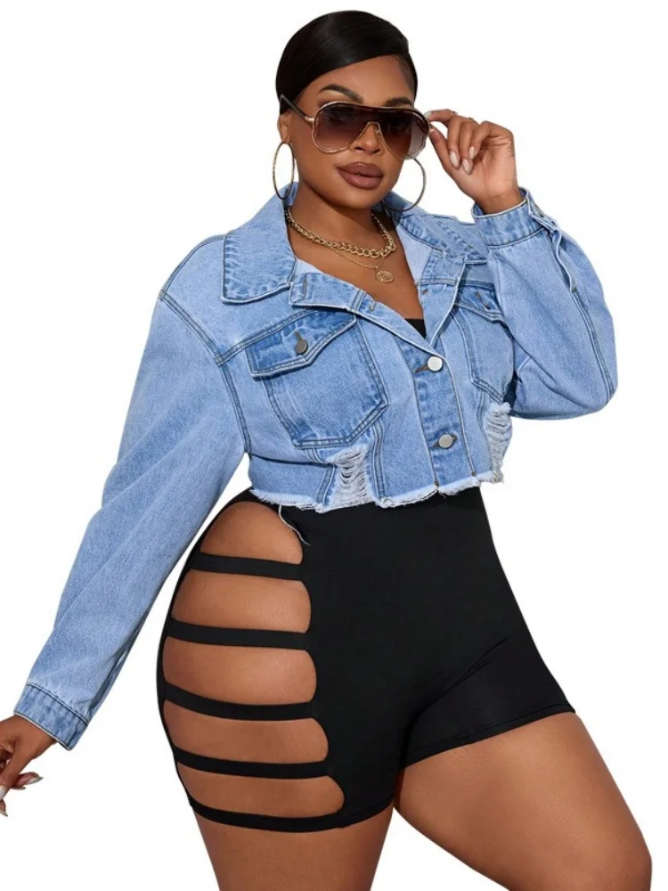 Wmstar Plus Size Denim Outwear Women Wholesale A New Long Sleeved Jacket with Holes chothing Woman Elegant Luxury Clothes 2025