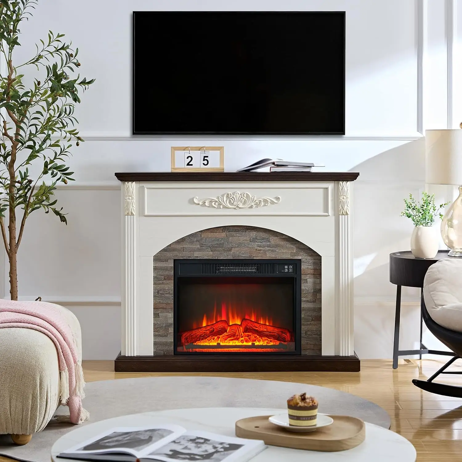44Inch Electric Fireplace with Mantel, Fireplace Mantel with Stacked Stone Surround 2
