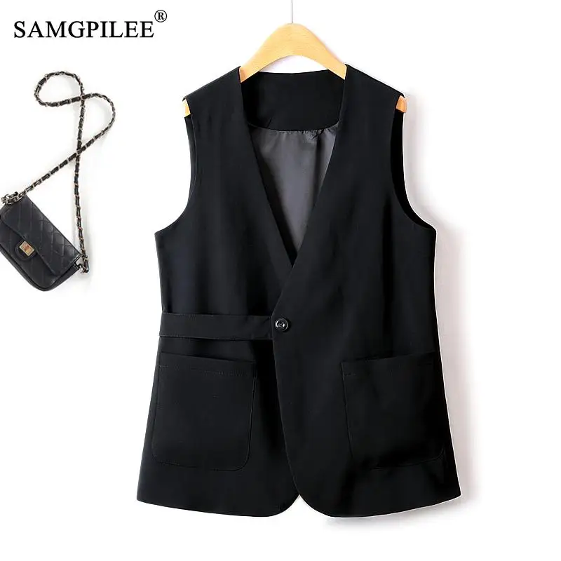 

Жилеты для женщин, новинка 2023, верхняя одежда, осень-зима, корейская мода, черный костюм с V-образным вырезом, свободная куртка без рукавов, женская верхняя одежда с статуями