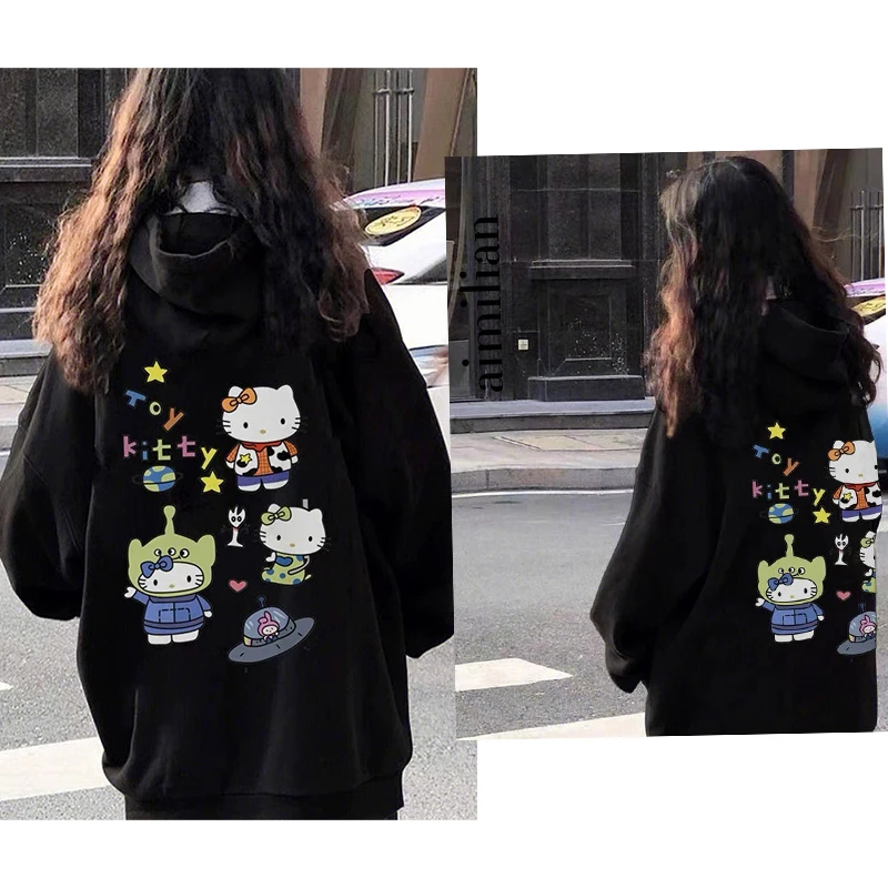 

Kawaii Sanrio Anime Hellokitty Hoodie 100% Cotton Print Cartoon Hooded Sweater Female Autumn Winter Students with Loose Tops