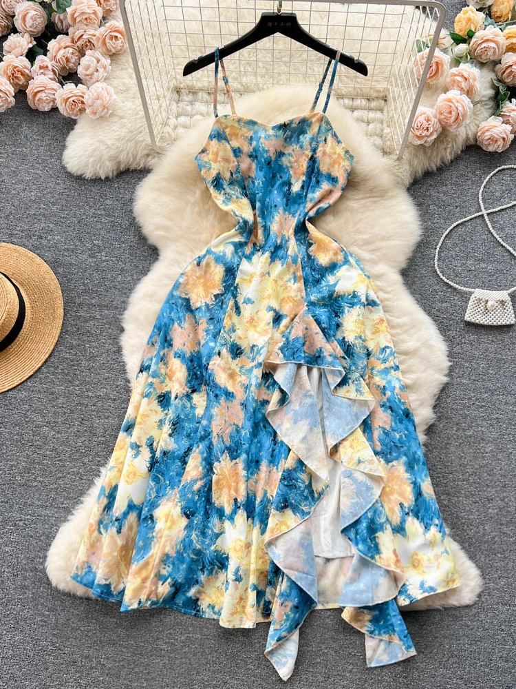 

Vestidos Floral Dress for Women Summer Sexy Spaghetti Strap Oil Painting Printed Ruffle Hem Split Long Dress Streetwear