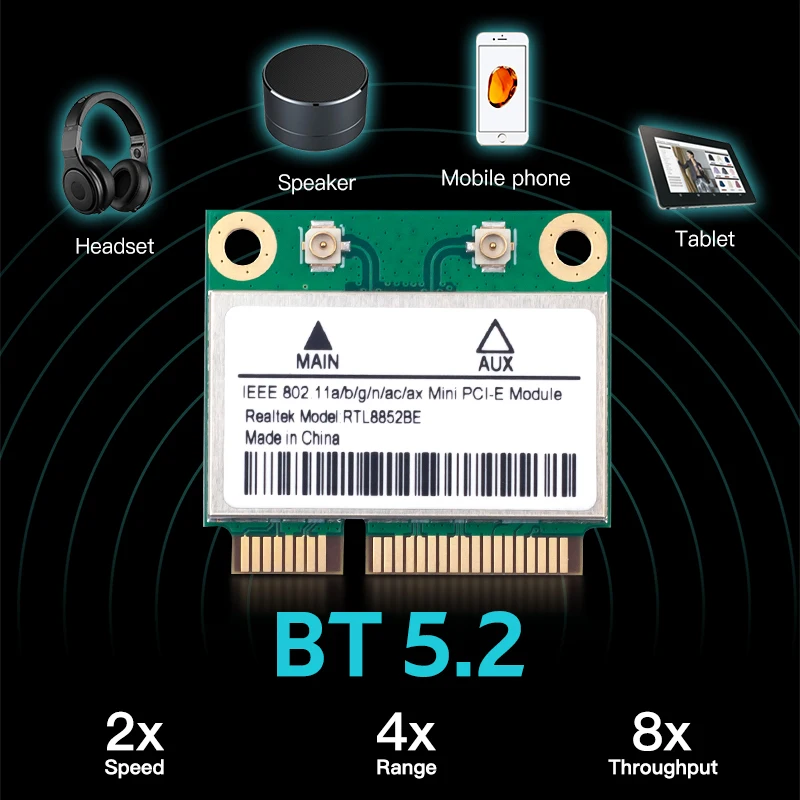 RTL8852BE WiFi 6 네트워크 카드 Windows 10 PCIe용 1800Mbps BT 5.2 듀얼 밴드 무선 MiniPCIe 802.11ax/ac 2.4G/5GHz MU-MIMO