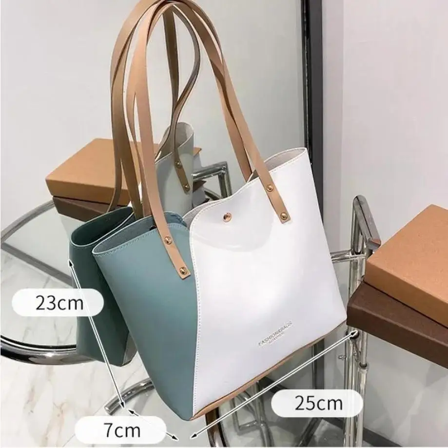 1 Pcs Women's Patchwork Leather Tote Bag Contrasting Color Shoulder Bag Pu Leather Women's Shopping Bag Casual Large Capacity