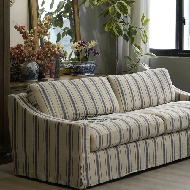 Nordic Wabi-Sabi Mid-Century Striped Linen Fabric Two-Three Seater Sofa, Detachable and Washable, Living Room Furniture 4