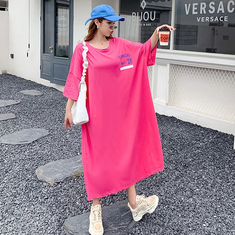 

2023 Loose Print Casual T-shirt Medium Length Short Sleeve Plus Size Dress