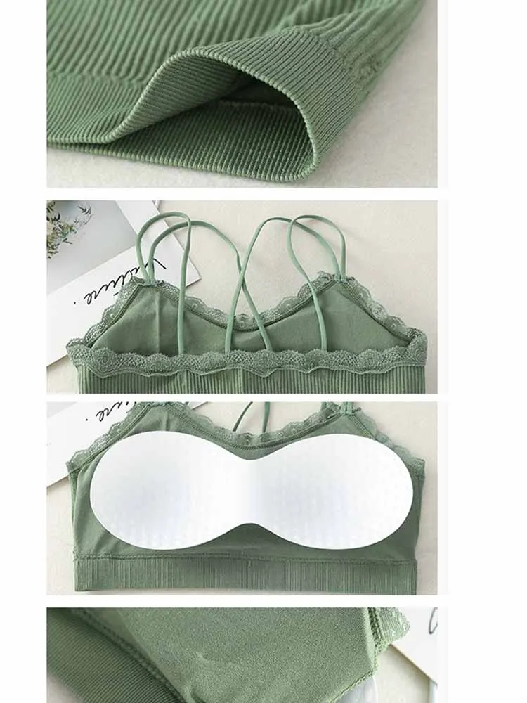 Womens Sexy Lace Camisole Padded Tube Tops Bra Comfort Tanks Intimate Underwear Crop Top Female Wireless Bra Solid Camisole