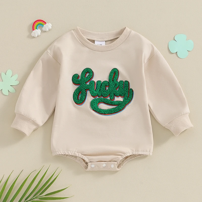 

2023-11-13 Lioraitiin 0-18M Baby Girls Boys St. Patrick's Day Rompers Long Sleeve Crew Neck Letters Fall Jumpsuit Clothes