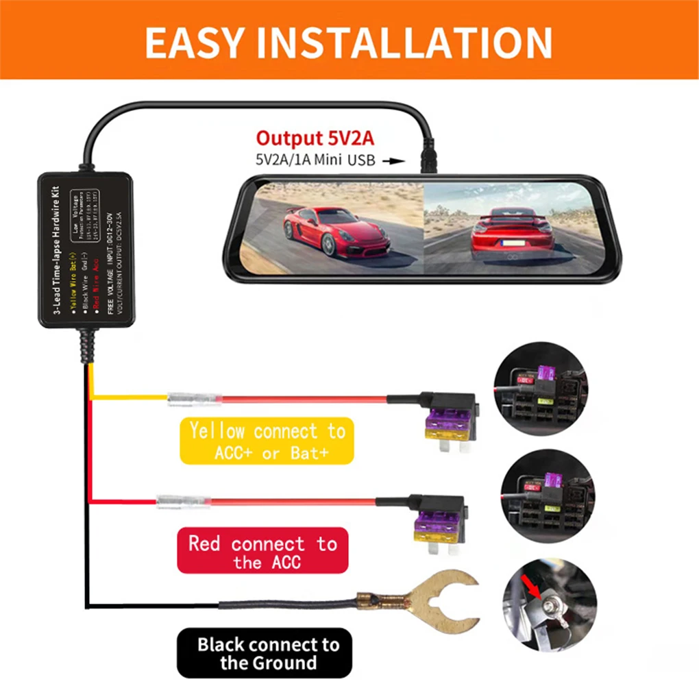 24H Parking Monitoring Car DVR Dashcam Camera Hardwire Kit for Low Vol Protection Mini USB Port 12-30V in 5V2.5A Car Assecories