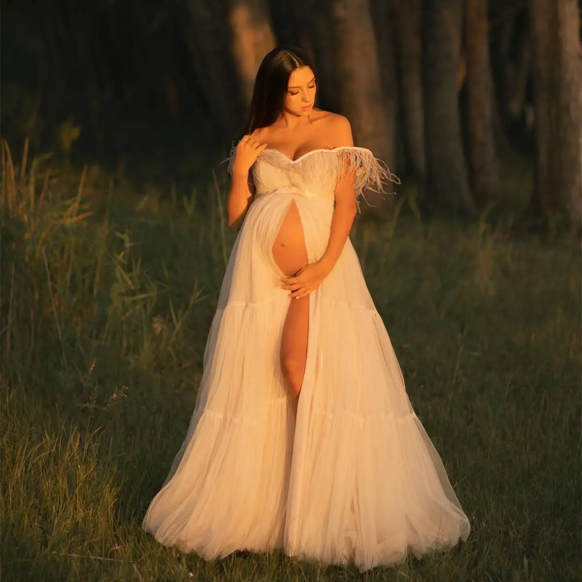

Off the Shoulder Maternity Dress Front Split Women Photoshoot Gown Pleat Tulle Feathers Boho Prom Dresses