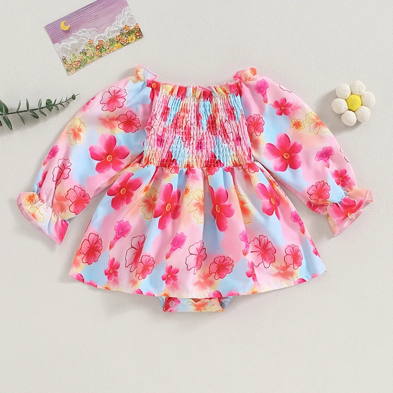 

Newborn Baby Girl Fall Outfit Floral Romper Dress Ruffles Long Sleeve Bodysuit Tie Dye Skirts Bubble Jumpsuit