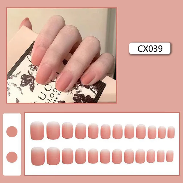 24pcs/box Fake Nails Press on Short Reusable with Designs Set French Artificial Pink False Tipsy Stick-on Nails Tips Art CX039