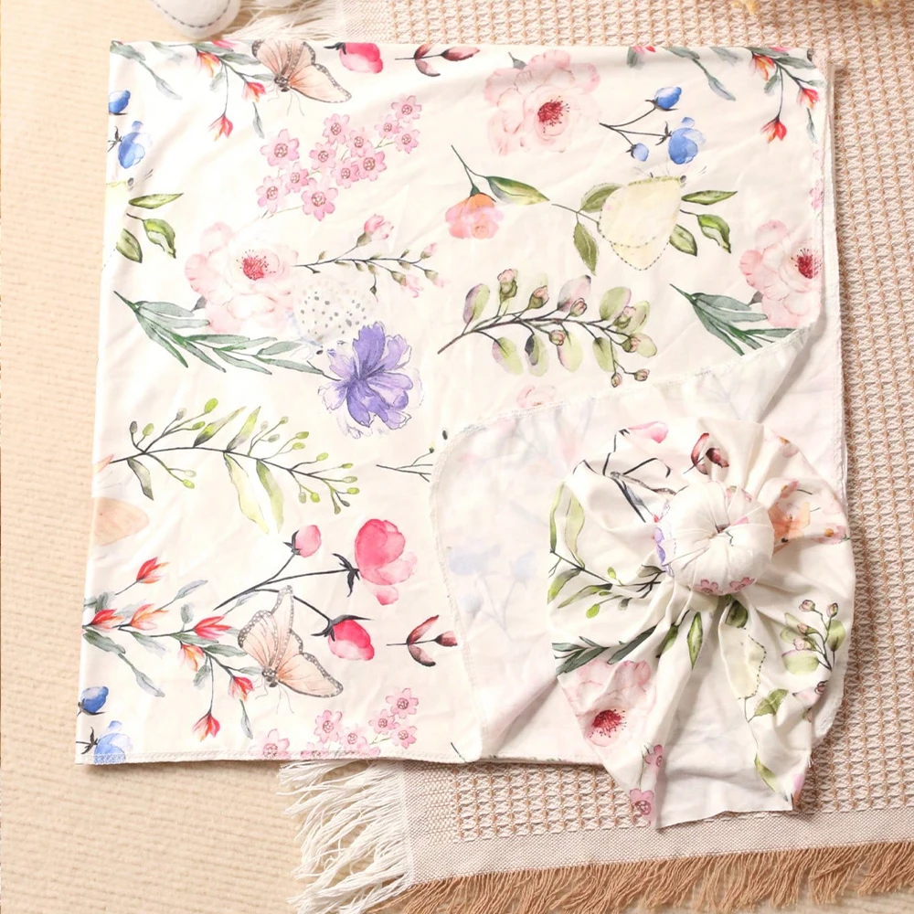 Ylsteed Rose Flower Print Newborn Photography Wrap with Turban Hat Infant Photo Shooting Outfits  Baby Receiving Swaddle Blanket 2