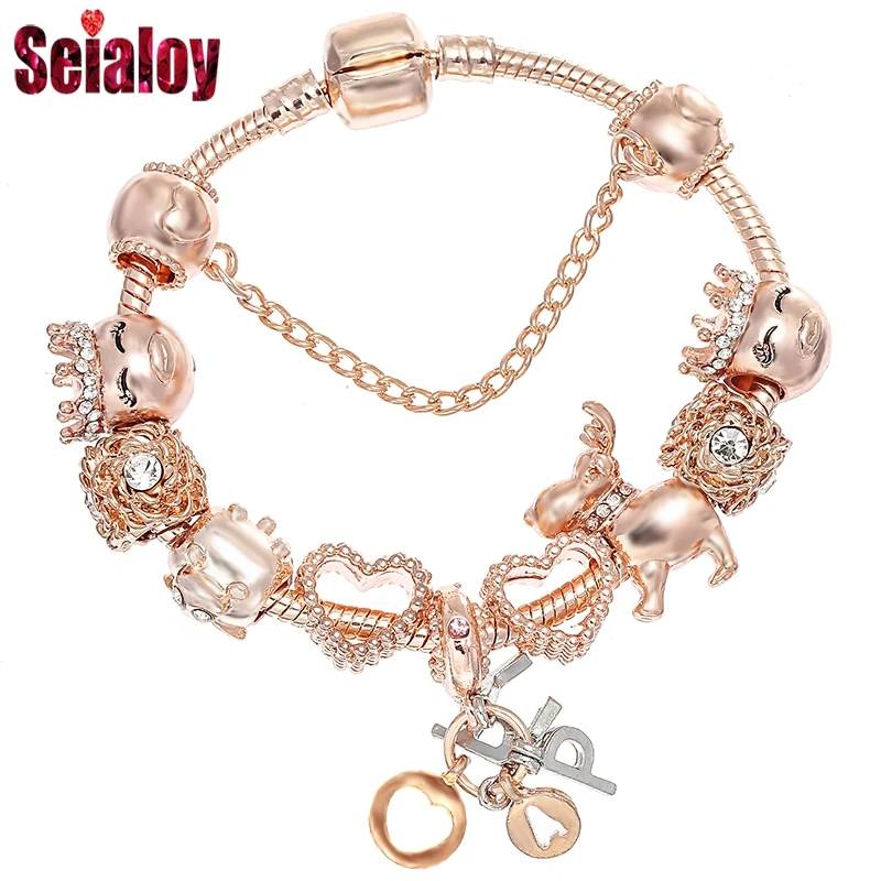 Seialoy Rose Gold Color Bracelet & Bangles For Women Princess Elk Bead HAPPY Charm Bracelets Fit Girl Couple Friendship bracelet jewelry