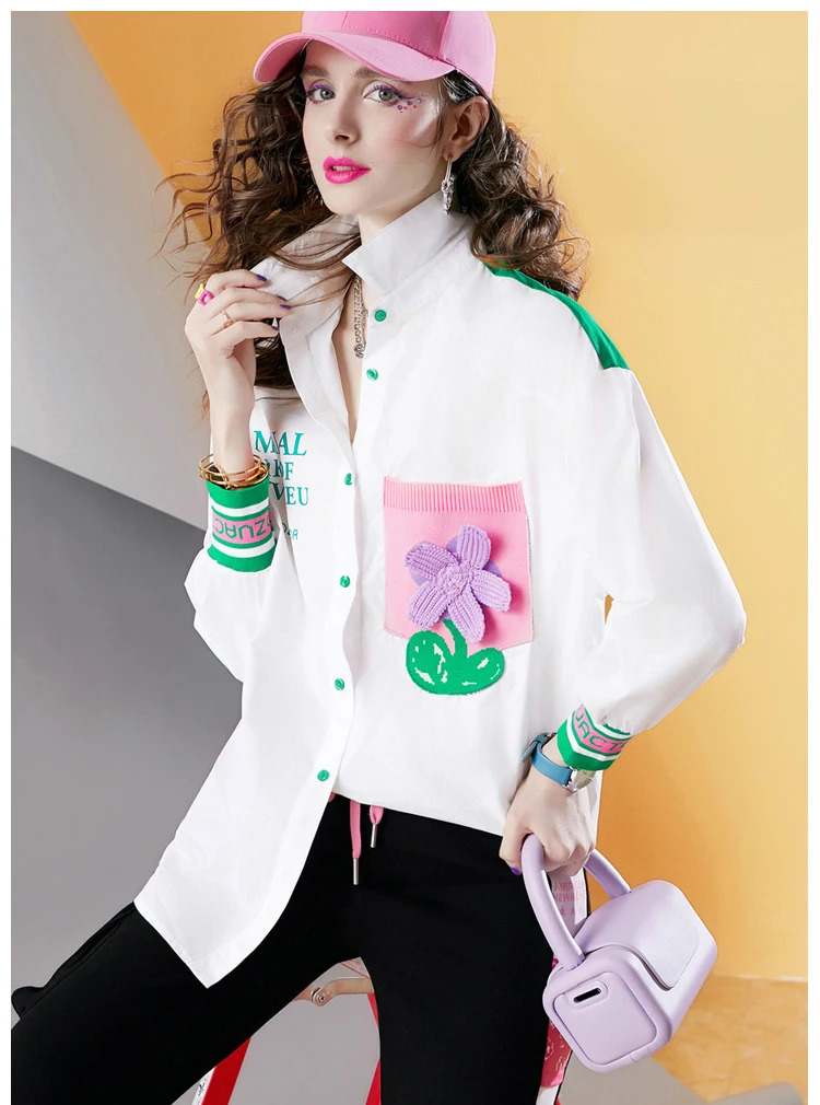 ربيع جديد جودة عالية 100% القطن المرأة طويلة الأكمام قميص فضفاض خياطة بلوزة غير رسمية للنساء