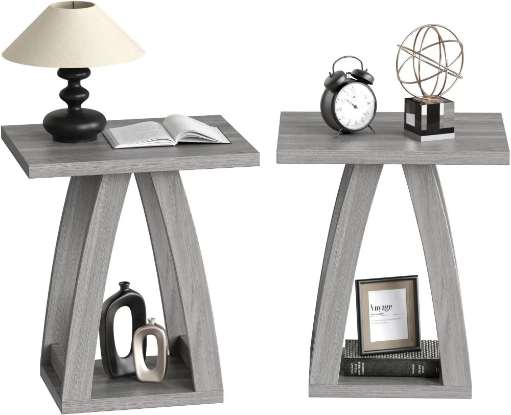 Modern Grey End Table Set of 2, Side Table with Shelf for Living Room & Bedroom, Multifunctional Nightstand