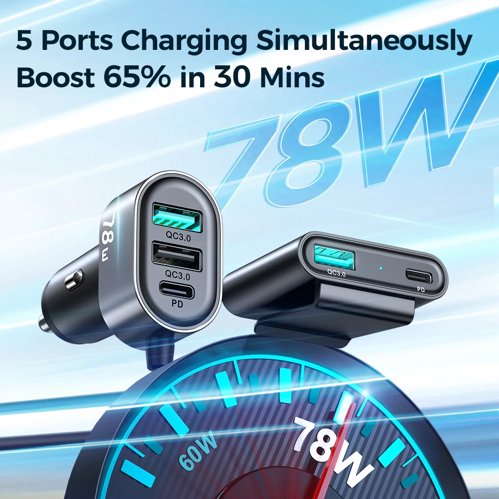 Joyroom 78W 5-in-1 Car Charger Fast USB C Car Charger PD 3.0 QC 4.0 3.0 PPS 25W Type C Multi Car Charger Adapter with 1.5m Cable