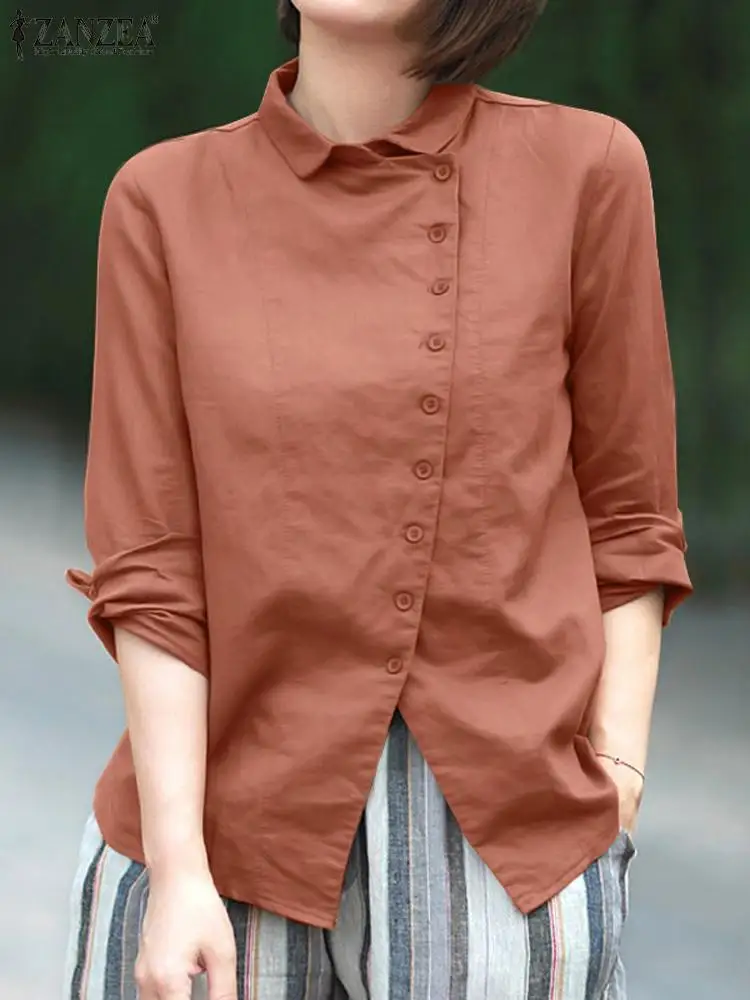 

ZANZEA Elegant Work Shirt Women's Asymmetrical Blouse Casual Long Sleeve Blusas Autumn Vintage Tunic Tops Lapel Kaftan Chemise