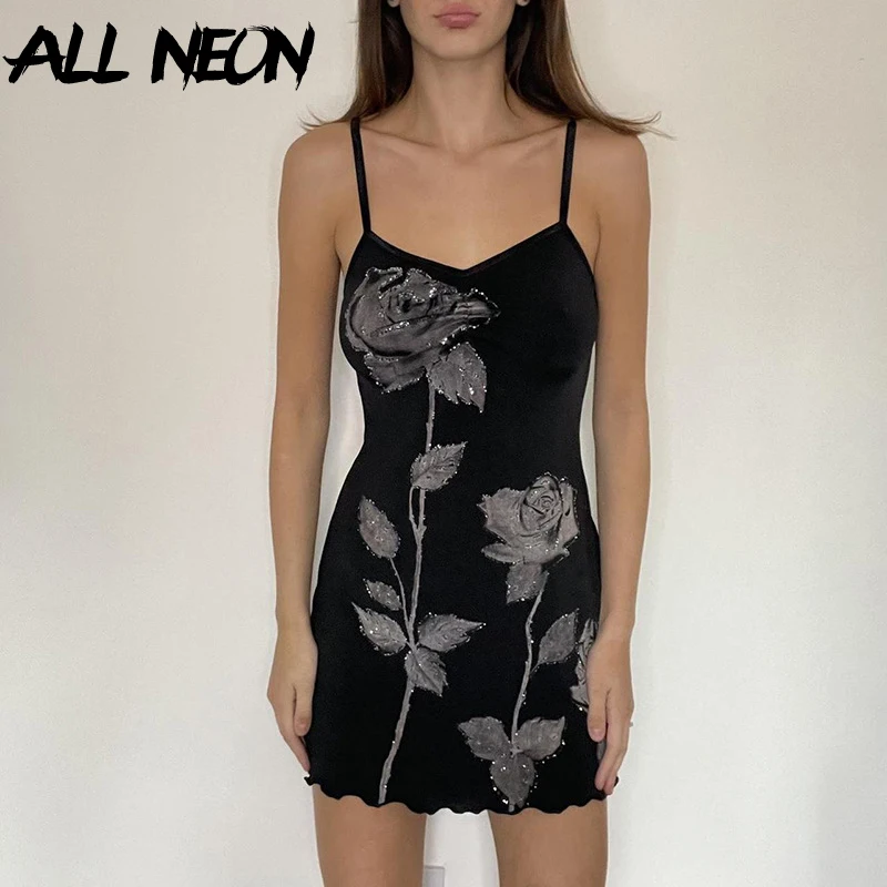 

ALLNeon Mall Goth Black Strape Rose Printed Mini Dress 90s Street Party Vestido Y2K Fashion Sling Dresses Women Sexy Outfit Slim