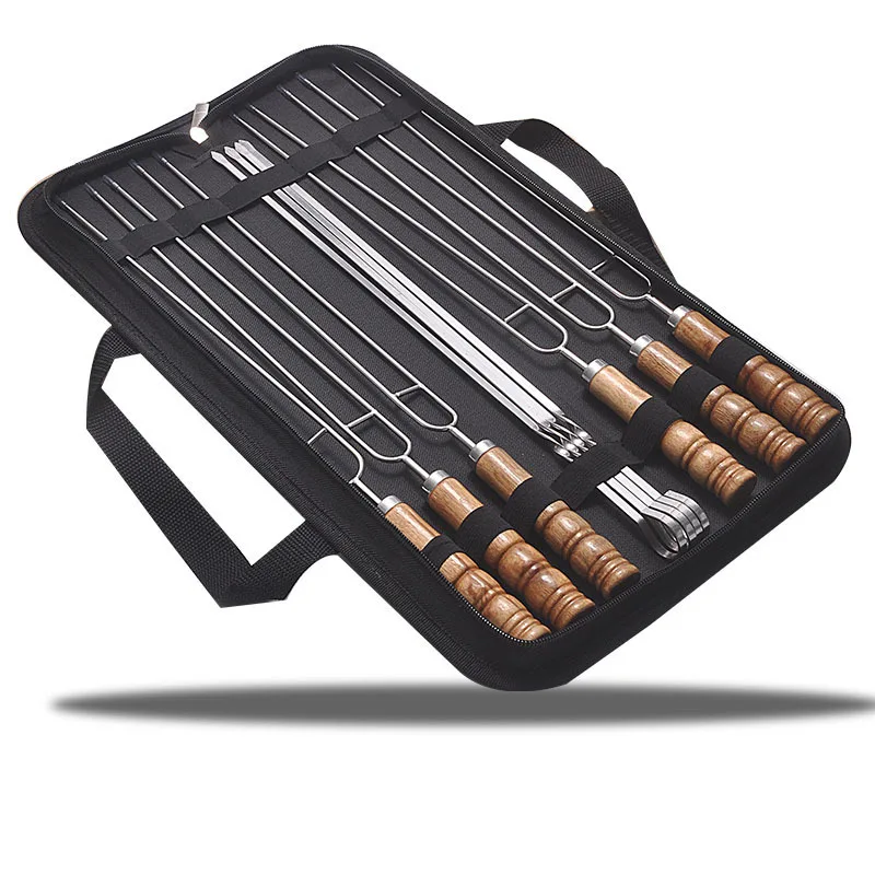 Barbecue Skewers 10 PCS/Set Stainless Steel Wire Wood Handle Grill Roasting Sticks Outdoor Camping BBQ Tools Storage Bag Kit