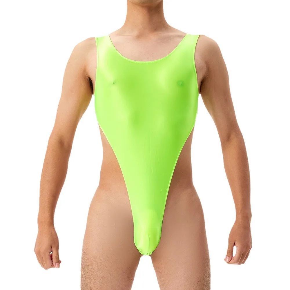 Glossy Men\'s Sexy Bodysuit Leotard Shiny Sleeveless Slim Romper Undershirts Jumpsuits Gay Porno Underwear
