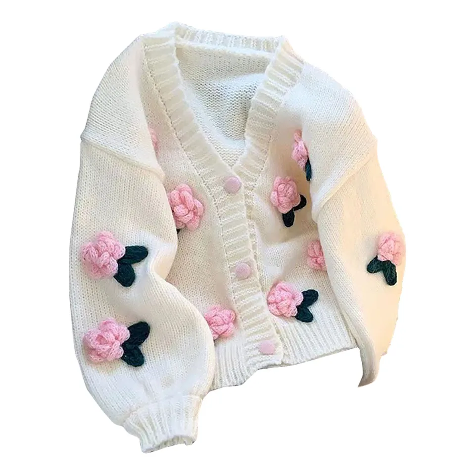 Oversized Chunky Knit Cardigan with 3D Flowers