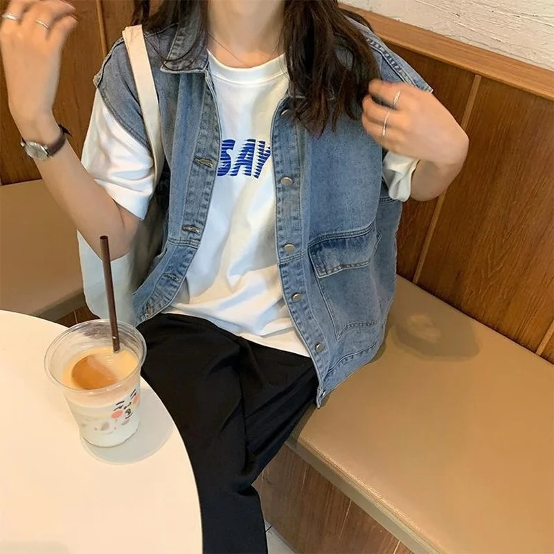 Women All-match Stylish Simple Denim Jackets Vests High Street Summer Chic Ladies Cargo Basic Sleeveless Pocket Outerwear Female