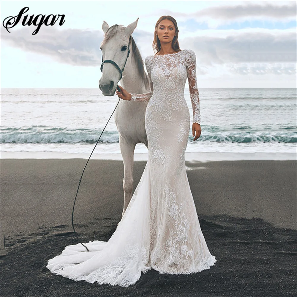 Sexy Lace Bodycon Mermaid Wedding Dresses Backless Long Sleeves Elegant  Boho Bridal Gowns Custom Color robe de marie - AliExpress 320