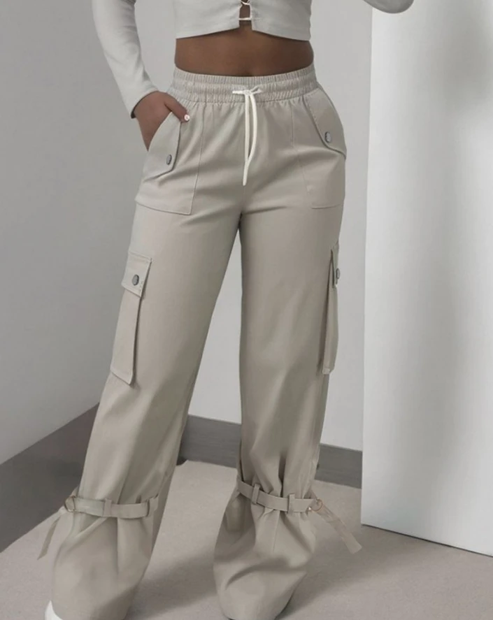 

Women's Workwear Pants The Latest Casual Snap Button Buckled Drawstring Pocketfit Cargo Pants for Summer 2024 Versatile Trousers