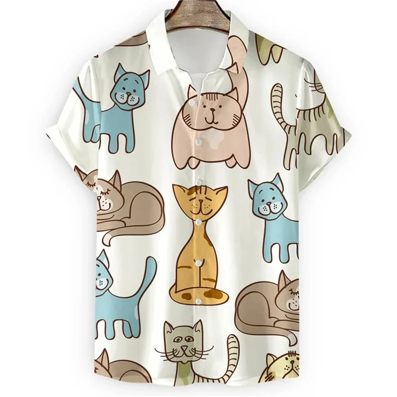 Chemise à fleurs hawaïennes pour hommes, chat de dessin animé mignon, impression 3D, manches courtes, vêtements de plage pour hommes, mode d'été, Y2K