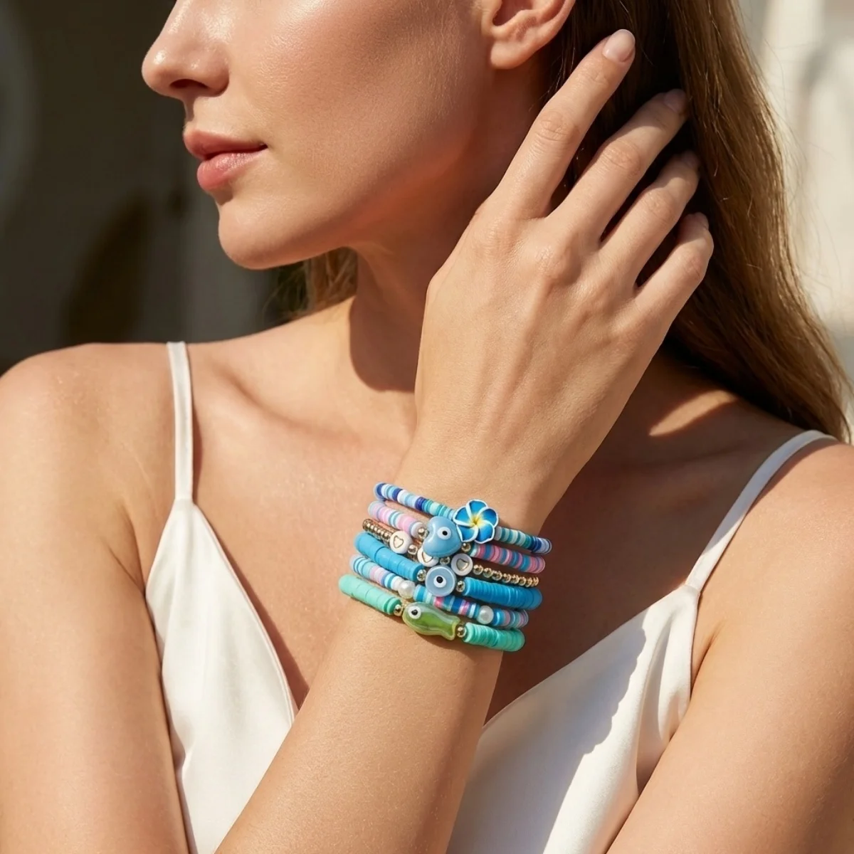 Weiche Polymer-Ton-Blumen-Keramik-Fisch-Herz-Böser-Blick-Armbänder für Damen und Herren – Sommerliche florale gestapelte Armreifen für Strandurlaub und Schmuck – Detail 5