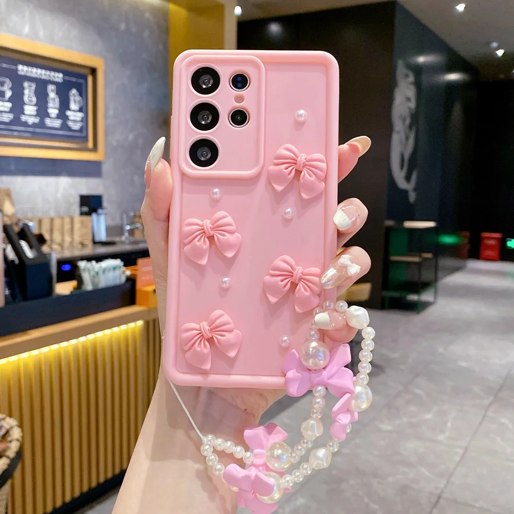 3D Pearl Pink Bow Lanyard Phone Case with Bracelet Wrist Strap - Stylish Soft Cover
