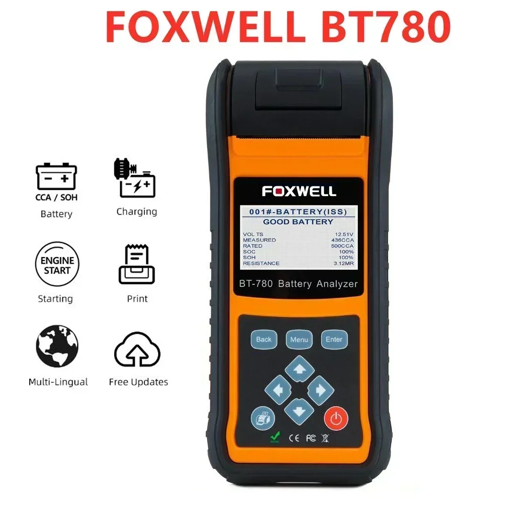 A + FOXWELL 배터리 테스터, 자동차 AGM 젤 EBP 배터리 분석기, 내장 프린터, 자동차 액세서리 배터리 모니터, BT780, 12V, 0-1000A