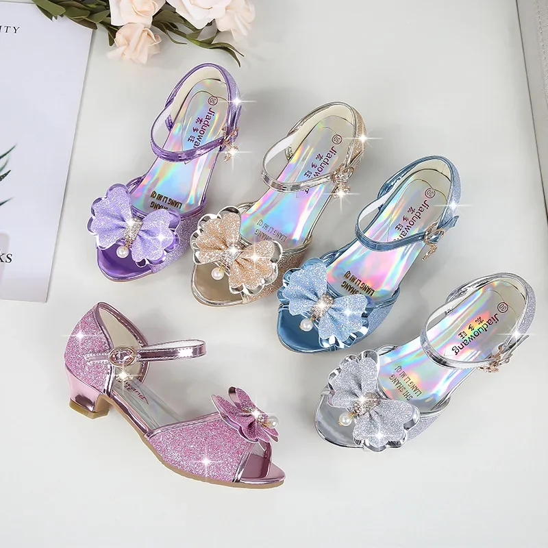 Girls Princess Shoes Summer Children High Heels Open-toe Party Wedding Toddlers Sandals Kids Causal Sequins Mary Jane Shoes - 2