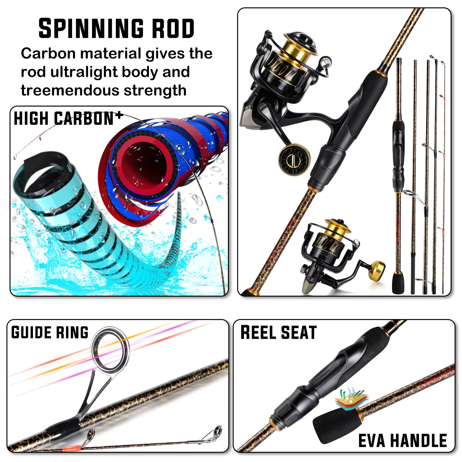 Sougayilang Fishing Rod and Reel Set Portable Carbon Feiber Rod Spinning  Fishing Reel for Freshwater and Saltwater Fishing Kit